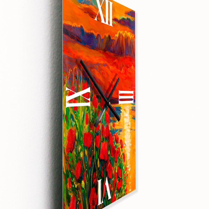 Horloge murale Red Poppies by the Ocean pendant le coucher du soleil, Petit
