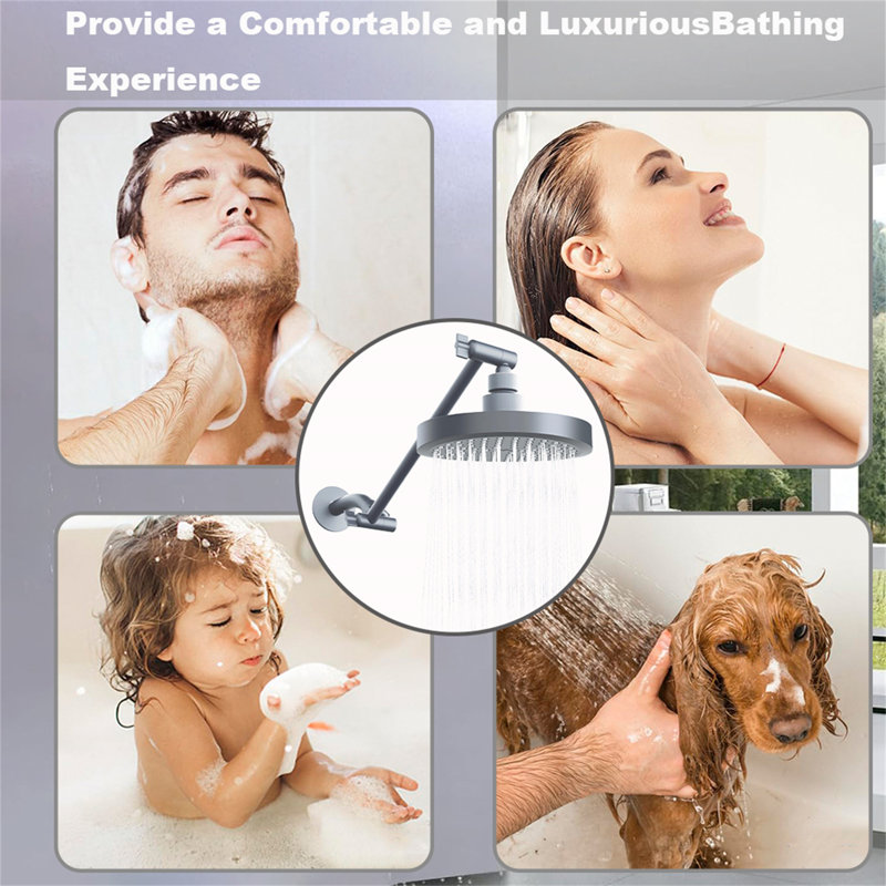 Round Rainfall Shower Head With Adjustable Extension Arm - High Pressure Performance, 1-Min Easy Install (11" Arm) (Fixed Shower Mount Sold Separately)
