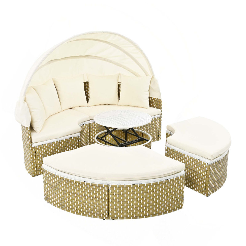 Canapé modulaire d'extérieur en rotin pour lit de jour avec auvent rétractable, Beige, Natural