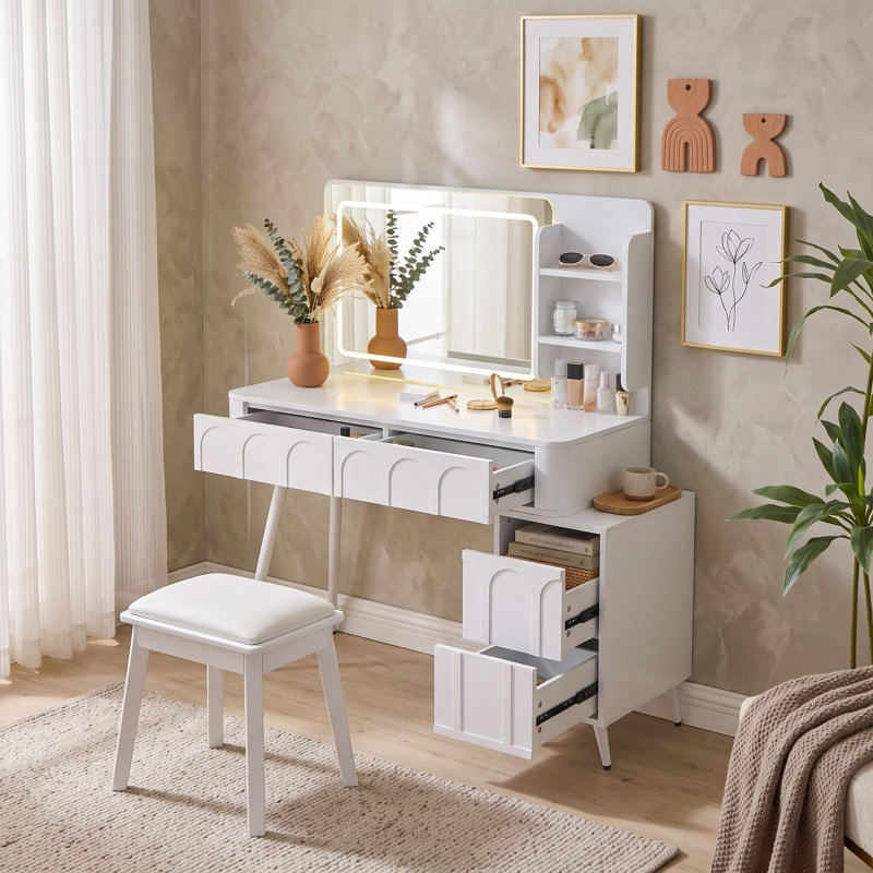 Bureau de coiffeuse avec miroir, armoire d'appoint, tiroirs et tabouret