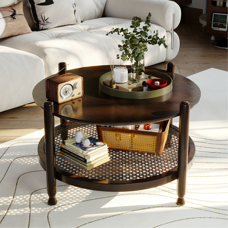 Table basse ronde de 32 po pour le salon, table de bout en bois massif à 2 niveaux Nsdirection pour la décoration intérieure avec tablette de rangement en rotin tissé Boho