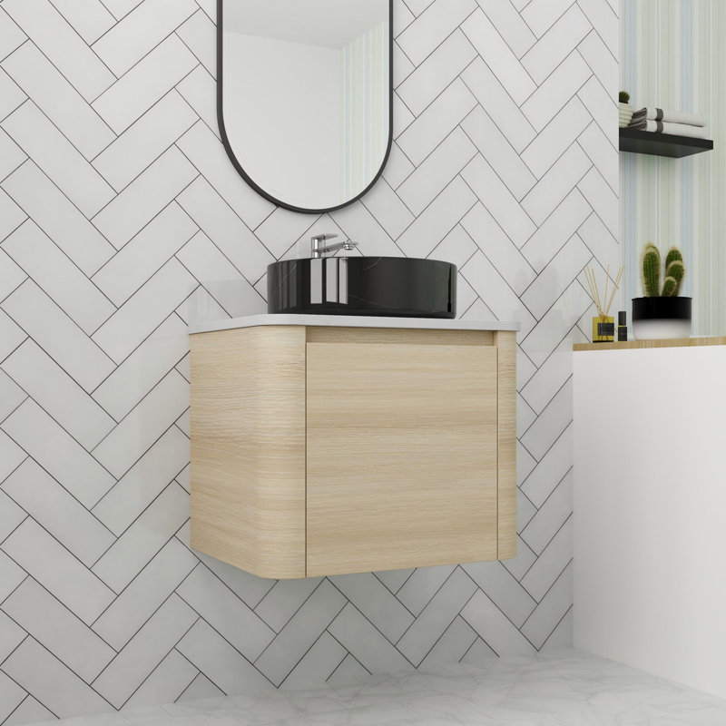Meuble-lavabo flottant 24 po avec porte à fermeture en douceur, Beige, Noir / blanc