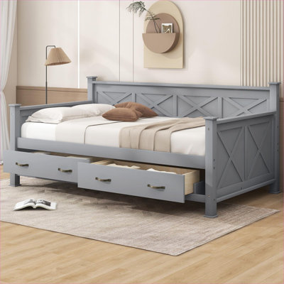 Solid Pine Platform Daybed, Gray-Toned Twin Size with Two Under-Bed Drawers, X-Frame Modern Rustic Style for Small and Guest Rooms