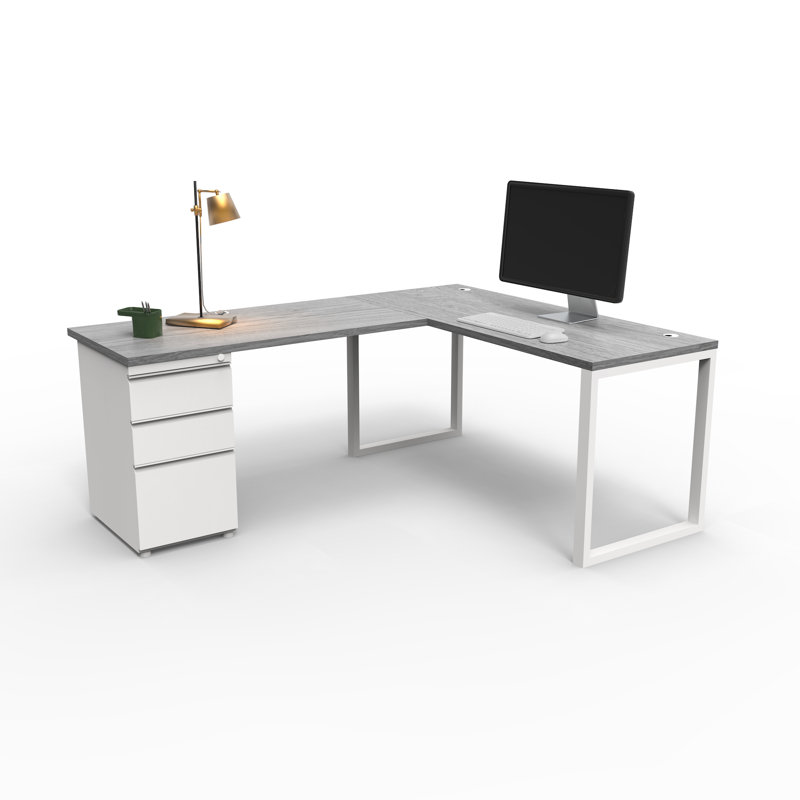 The City, Modern L-Shaped Office Desk for Office and Home, Grey Oak Top with White Frame, Gray Oak/White