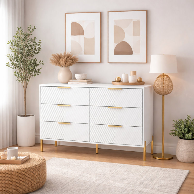 Commode double 47,2 po à 6 tiroirs, blanc, Blanc