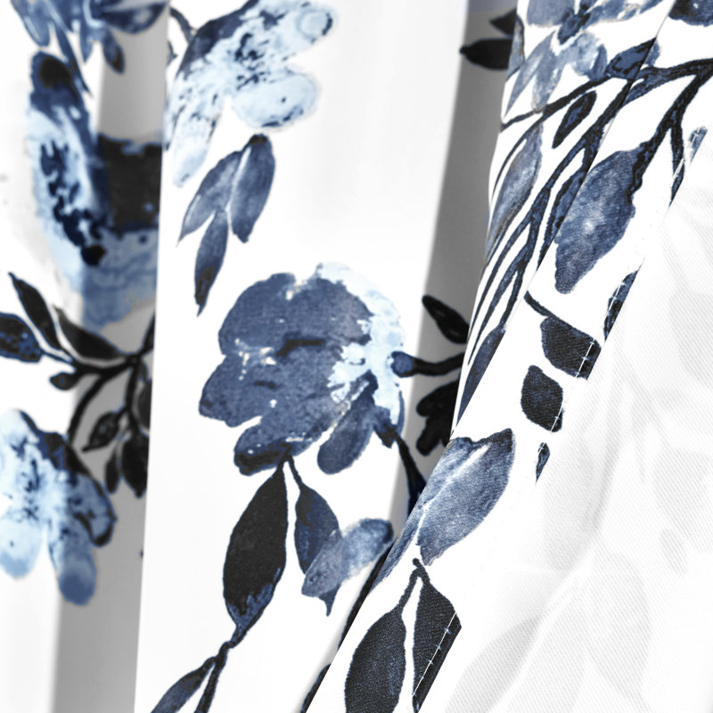 Navy and White Floral Print Blackout Curtain Panels