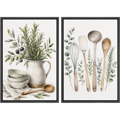 Farmhouse Kitchen Herb and Utensil Artwork, Kitchen Pictures, Framed Canvas Giclee Print 2 Pieces Wall Art