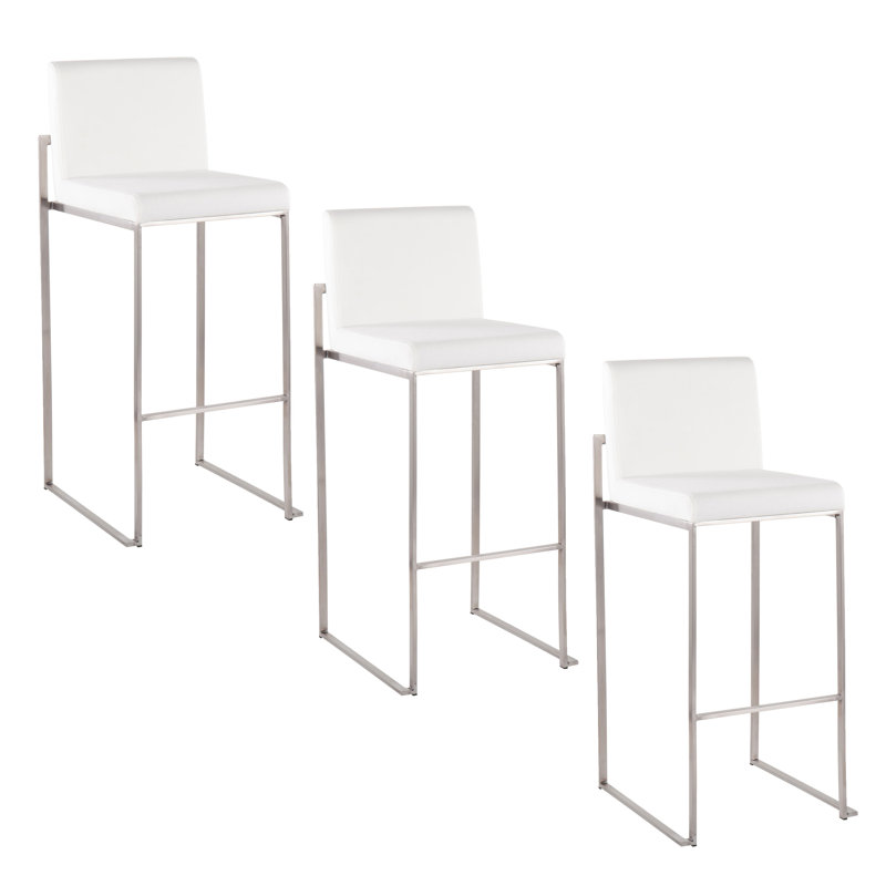 Tabouret de bar et de comptoir à dossier haut Brieon (ensemble de 3), Velours blanc / acier inoxydable