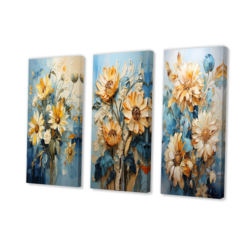 Azure Fields Sunflowers - Ensemble de 3 impressions sur toile tournesols, H 40 po x l 60 po, Toile tendue