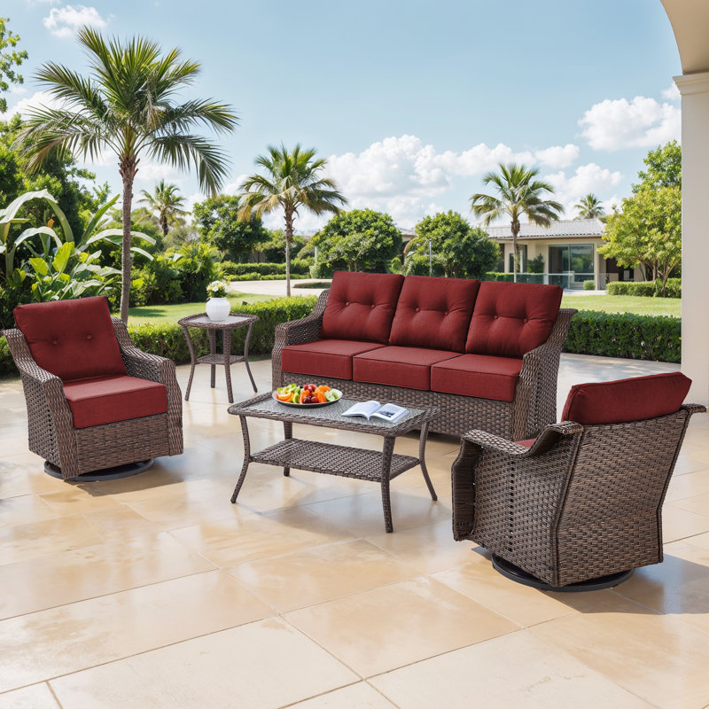 5-Piece Wicker Patio Furniture Set, 6-Inch  Thick Cushioned 360° Swivel Glider Chairs & Sofa, Red