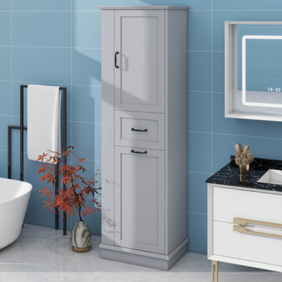 Armoire de rangement haute avec tiroir à compartiments coulissants et tablettes personnalisables idéales pour le rangement dans la salle de bain