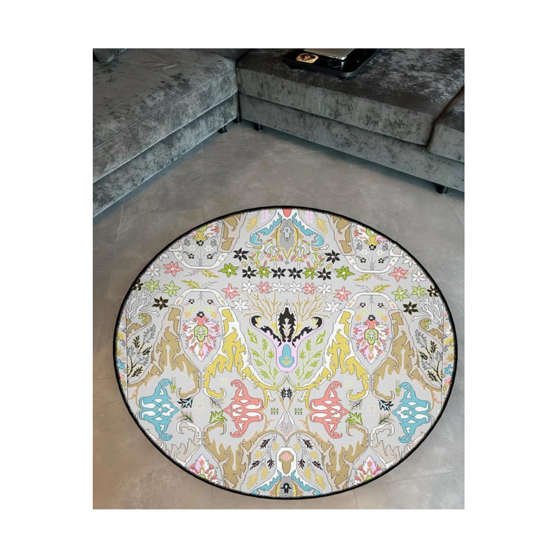 Multicolored Light Tones Ethnic Pattern Woven Base Modern Decorative Carpet, Round 5'