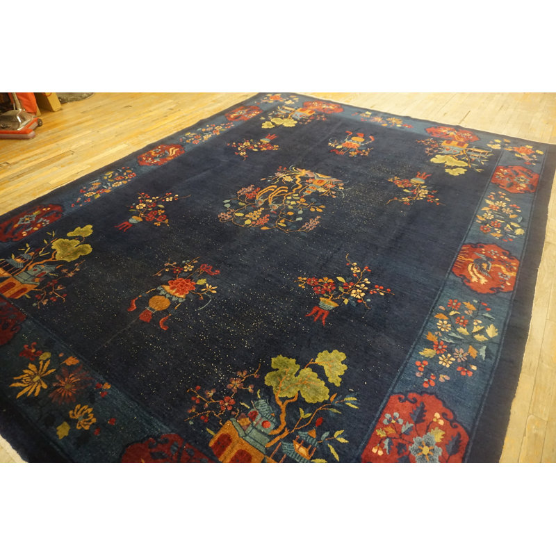 Wool Antique Knotted Rectangle Chinese - Art Deco 1920s Room Size Blue Rug