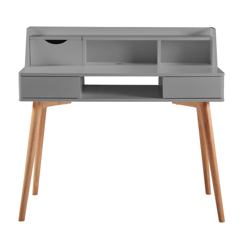 Light Gray Wooden Writing Desk with Hutch and Drawers