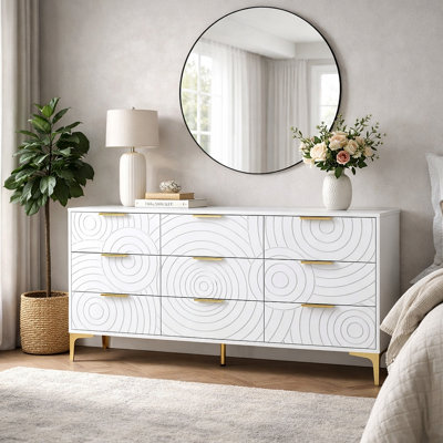 Commode 9 tiroirs, commode en bois moderne avec poignées en métal, grand meuble télé avec rangement pour chambre à coucher, salon, couloir, rangement pour garde-robe