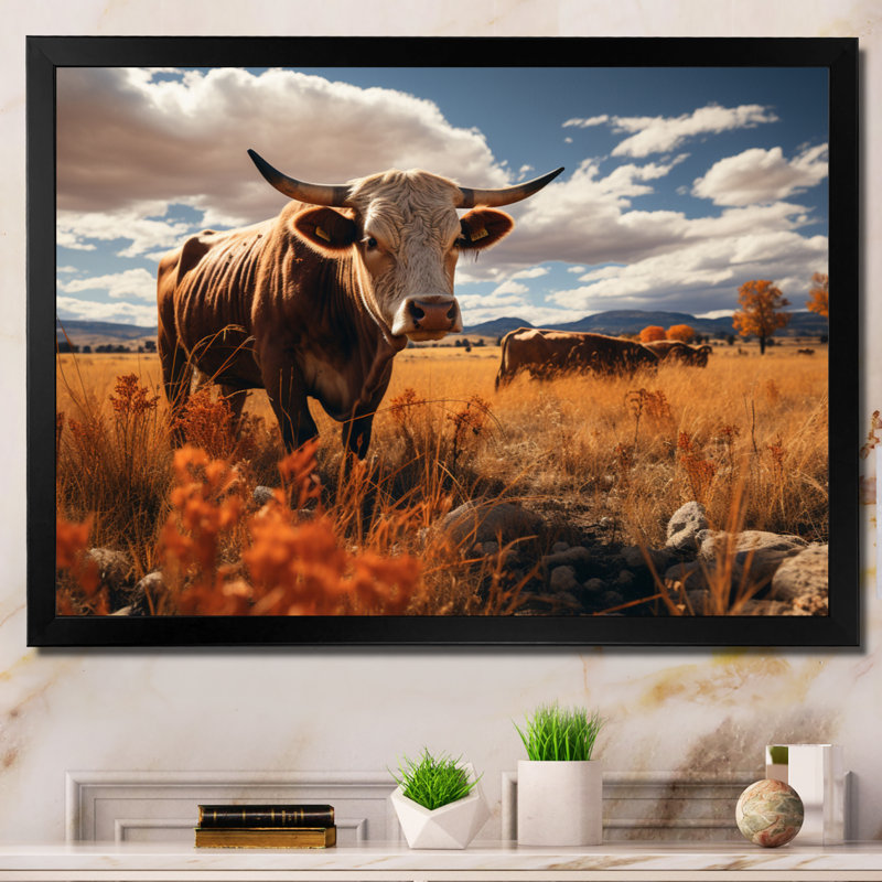 " Cattle Pastoral Serenity I ", 16" H x 32" W x 1" D, Black Single Picture Framed