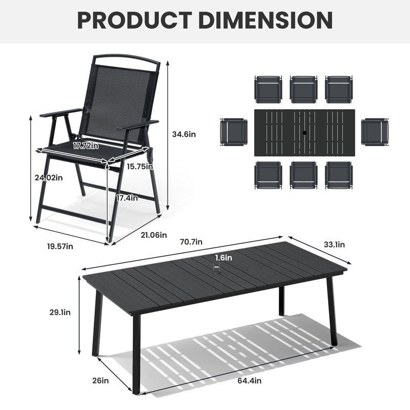 Ensemble de table de patio en métal pour 8 personnes avec chaises pliantes, Noir, Noir