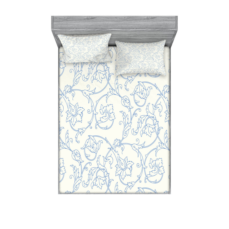 Drap-housse et coussin décoratif à motif floral Ambesonne, crème et bleu, Ensemble de draps pour lit double + 5 pièces supp