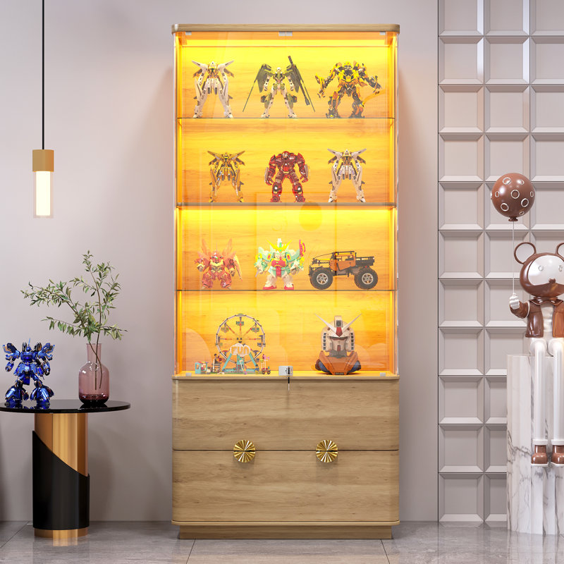 70.9'' H 2-Drawer Display Cabinet With Human Sensor Light And Lock, Oak