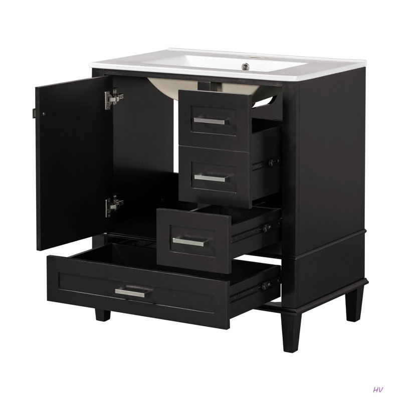 Ensemble de meuble-lavabo moderne avec lavabo 30 po, meuble-lavabo moderne avec porte à fermeture douce et 3 tiroirs, structure en bois massif