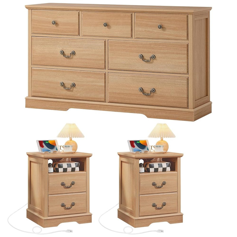 Ensemble de chambre à coucher de style champêtre comprenant une commode à 7 tiroirs et 2 tables de chevet, Natural