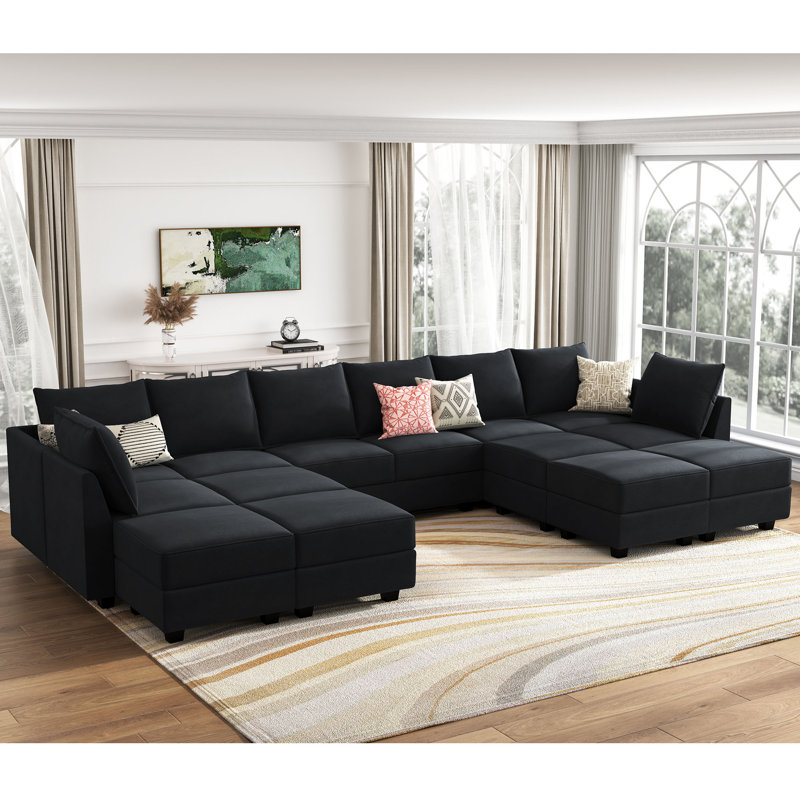 Canapé modulaire en velours avec repose-pieds Tremee, Velours noir