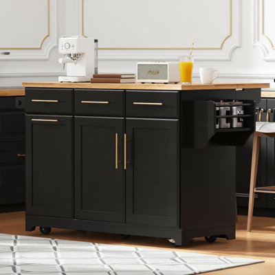59.3" Kitchen Island With Storage 2 Pull Out Cabinet Organizers & Rubber Wood Drop Leaf, Rolling Kitchen Island With Trash Can Storage, Power Outlet, Spice & Towel Rack For Kitchen, Dining