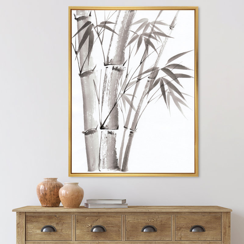 Palmier en bambou - III sur toile, H 32 po x l 24 po x P 1 po, Cadre flottant doré