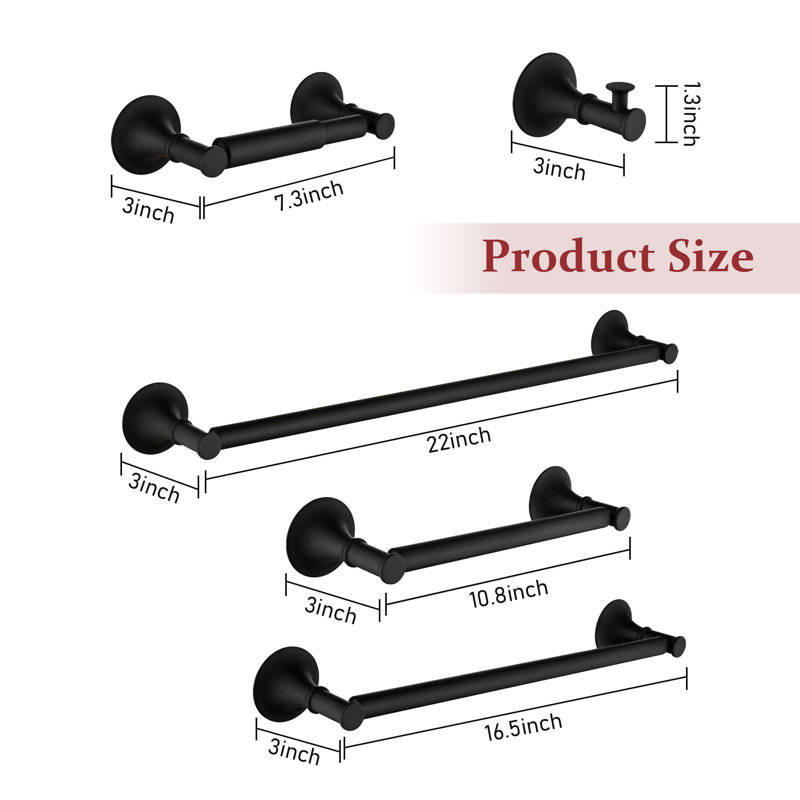 6 - Piece Bathroom Hardware Set, Matte Black, 3" H x 22" W x 3" D