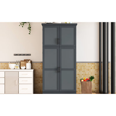 Spacieuse armoire de rangement de 35,5 po x 17,6 po x 70,9 po pour les articles en vrac et les appareils ménagers, organisateur de garde-manger gris avec tablette réglable à 3 niveaux, 4 butoirs magnétiques, 8 plateaux coulissants,