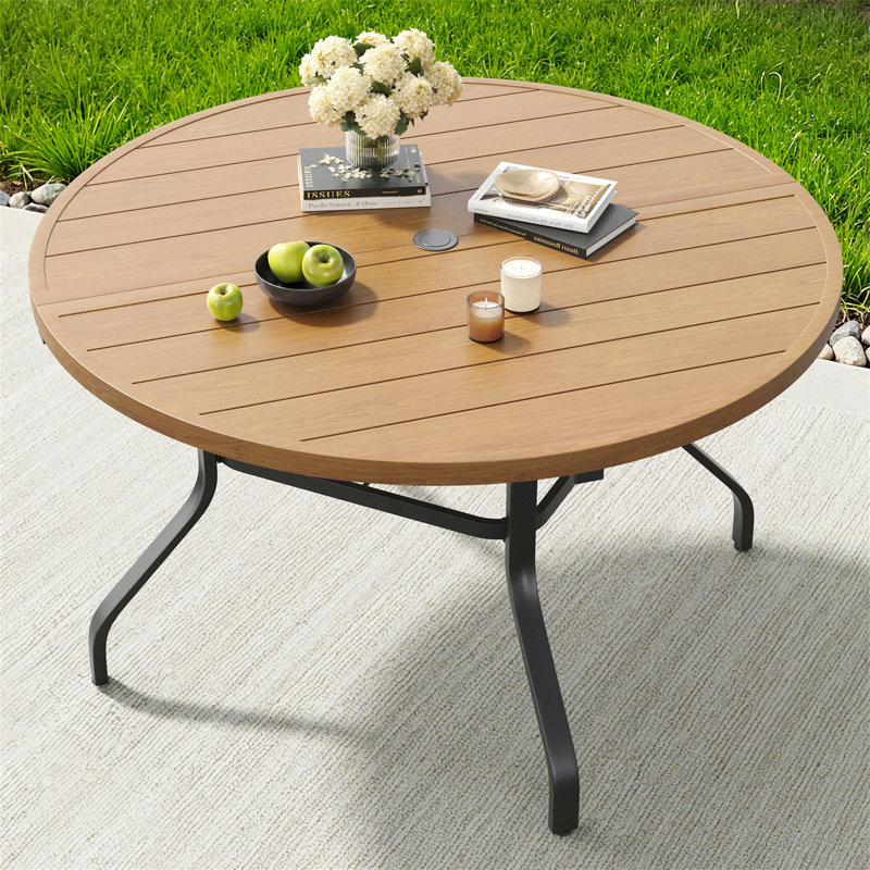 Table de jardin ronde en métal avec trou pour parasol