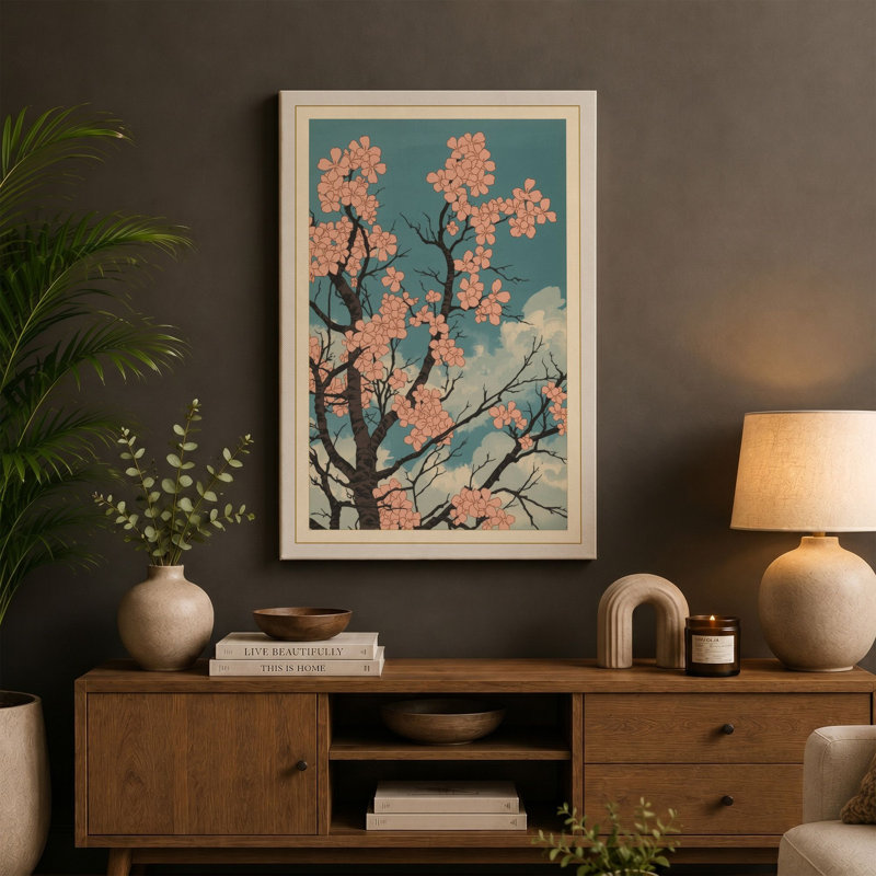 Moonlit Cherry Blossom Japandi 1 Piece Wrapped Canvas Wall Art, 30x20 - 76.2 x 50.8 cm, White Border