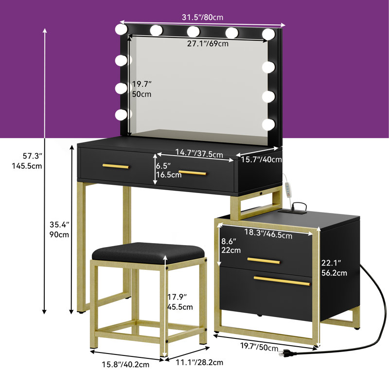 Coiffeuse de maquillage Quenia avec prise de courant USB et luminosité réglable