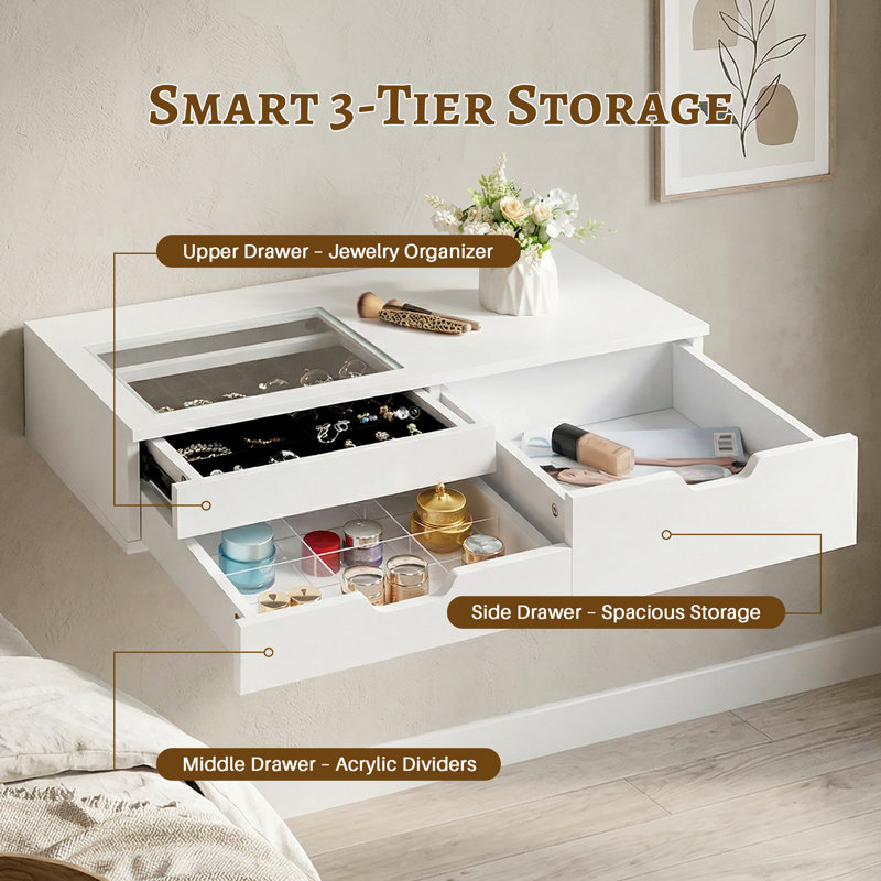 White Wall-Mounted Dressing Table with Glass Inset Panel and Jewellery Drawer