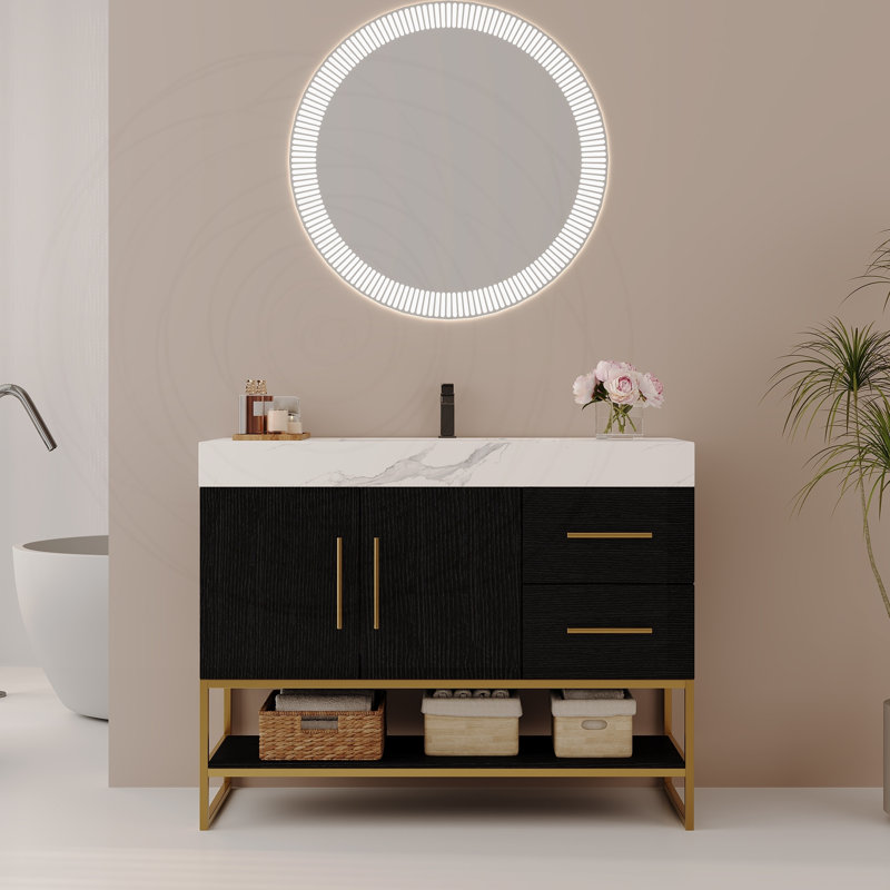Meuble-lavabo autoportant moderne 36 po avec détails, Noir, Blanc