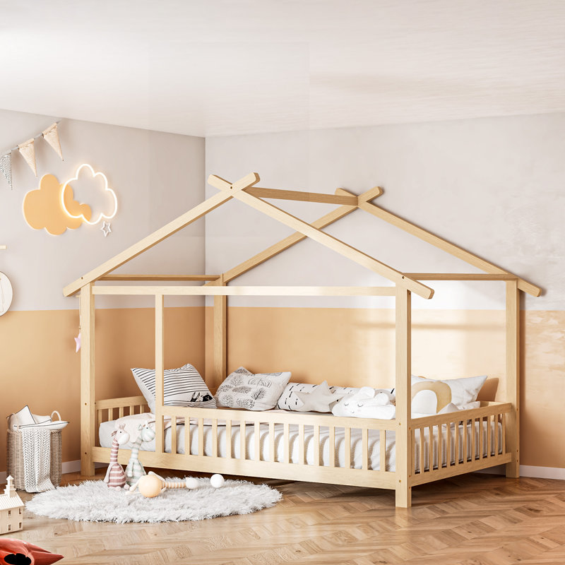 Lit à baldaquin en bois massif pour enfants Andry, Bois naturel, Lit double