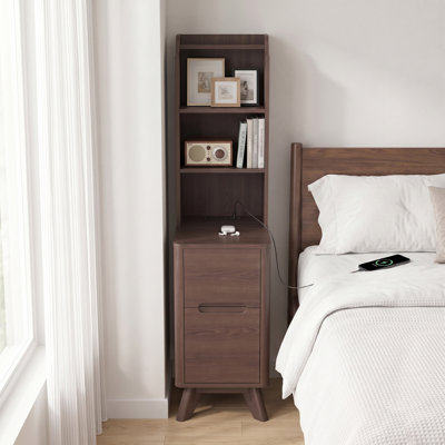 47" Tall Nightstand With Charging Station, Narrow Side Table With Bookshelf,Modern End Bedside Table For Bedroom,Brown