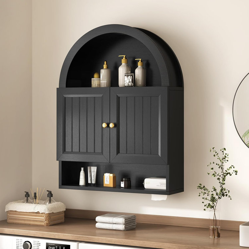 Arched Bathroom Wall Cabinet With Adjustable Shelves, Over The Toilet Organizer With Grille Door