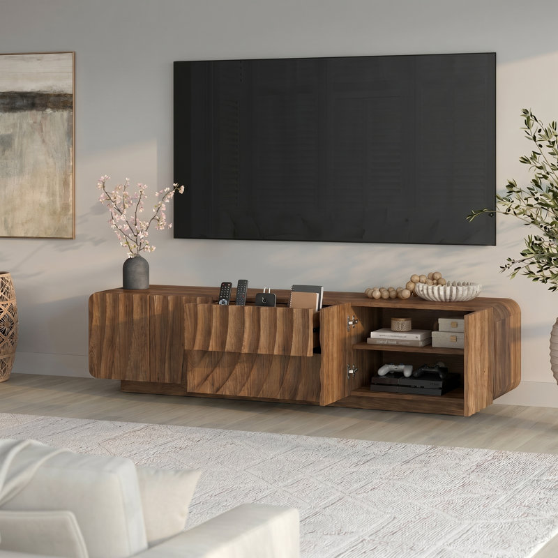 Meuble télé 70,9 po pour téléviseur 65 po, console média en MDF avec tiroirs et armoires, coins arrondis, base flottante, noyer