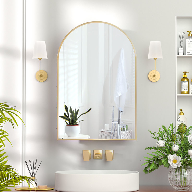 Raygen Arched Bathroom Cabinet, Wall Mounted Storage with Adjustable Shelves, Gold, 70cm H x 51cm W x 11.5cm D