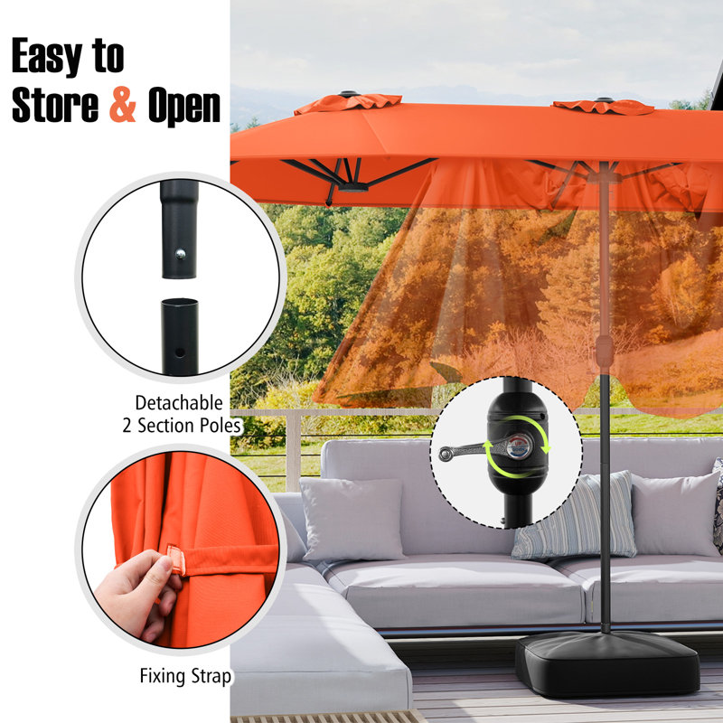 Parasol de patio à double face de 13 pi avec verrou de sécurité à base de manivelle orange, Orange