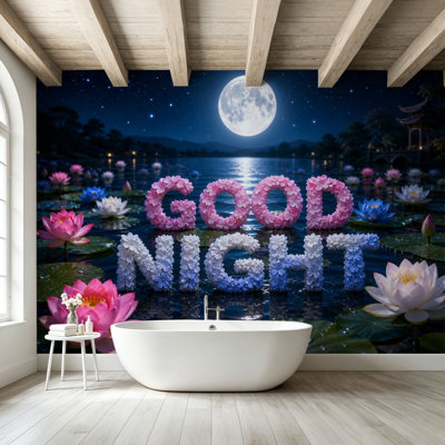 Peel and Stick Wallpaper Wall Mural Floral Typography Night Text Lotus Pond Full Moon Starry Sky Wall Art Self Adhesive and Removable