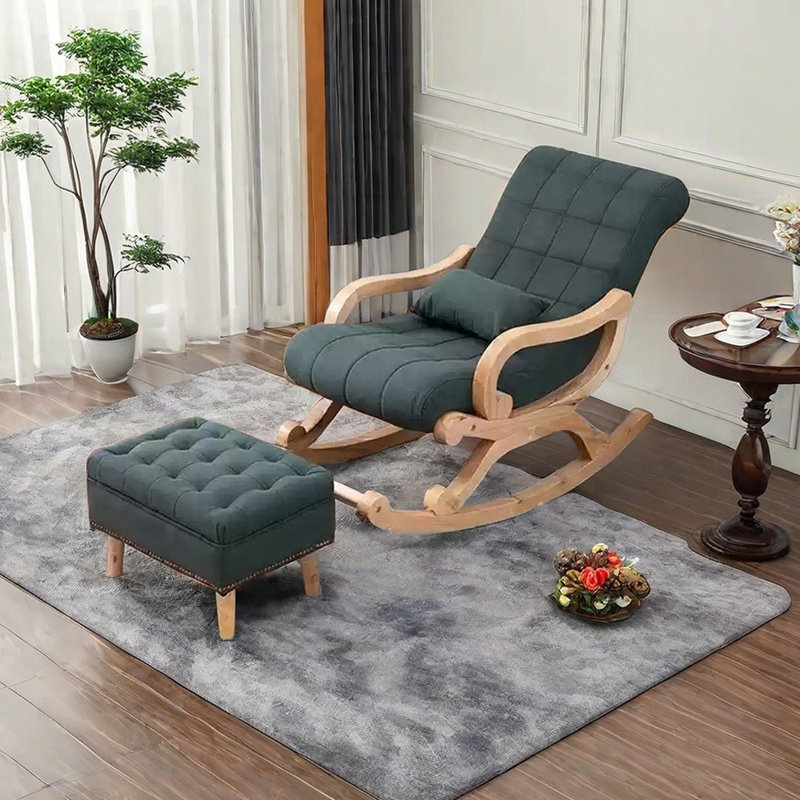 Chaise berçante de loisir rembourrée avec structure en bois massif, Bleu gris, Brun