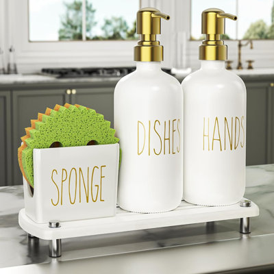 Kitchen Soap Dispenser Set Comes With Ceramics Sponge Holder, Gold Pumps, And Instant Dry Tray, Hand And Dish Soap Dispenser Set，4