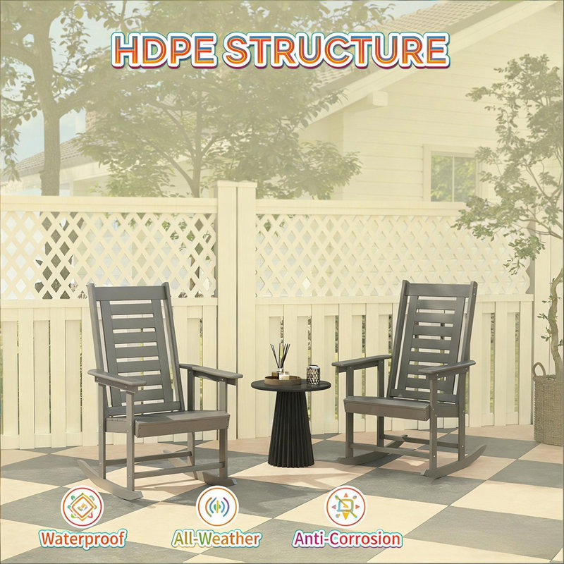 Wide Armrests Outdoor Rocking Chairs, 2 Pieces Set with Smooth Rocking Motion and Durable HDPE Structure, Dark Gray