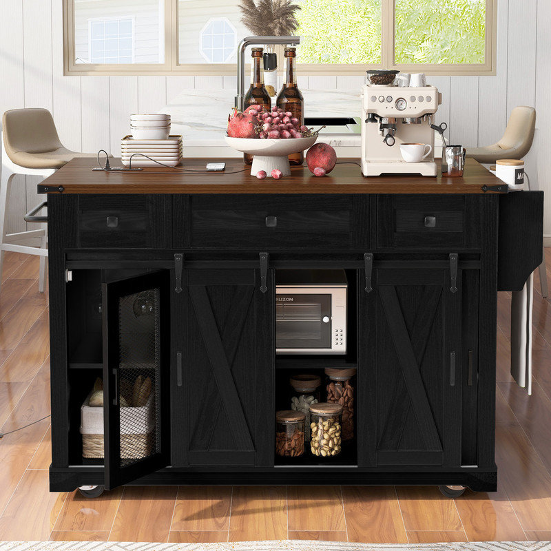  58" Farmhouse Kitchen Island with Storage, Sliding Barn Door & Metal Grid Side Door, Rolling Drop Leaf Kitchen Island on 5 Wheels with Spice Rack, Glass Holders