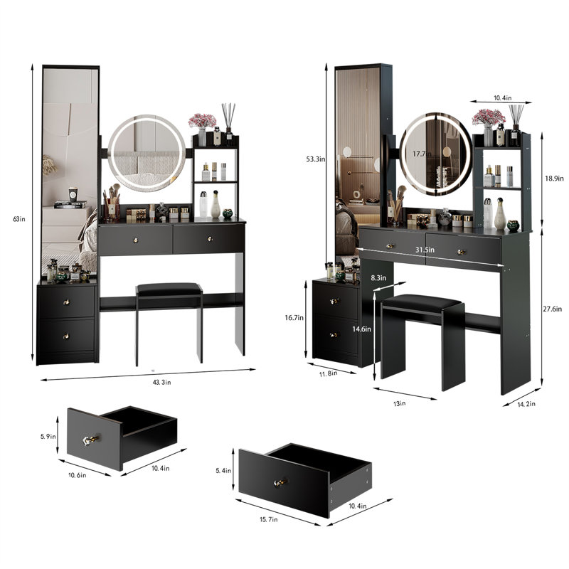 Full Body Mirror Cabinet + Round Mirror LED Vanity Table + Cushioned Stool, With 2 AC + 2 USB Power Station,17" Diameter LED Mirror, Touch Control, 3-Color, Brightness Adjustable, Large Desktop