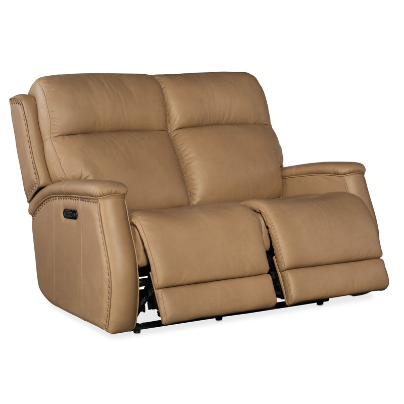 MS 56" Genuine Leather Power Reclining Loveseat, Cuir véritable brun miel