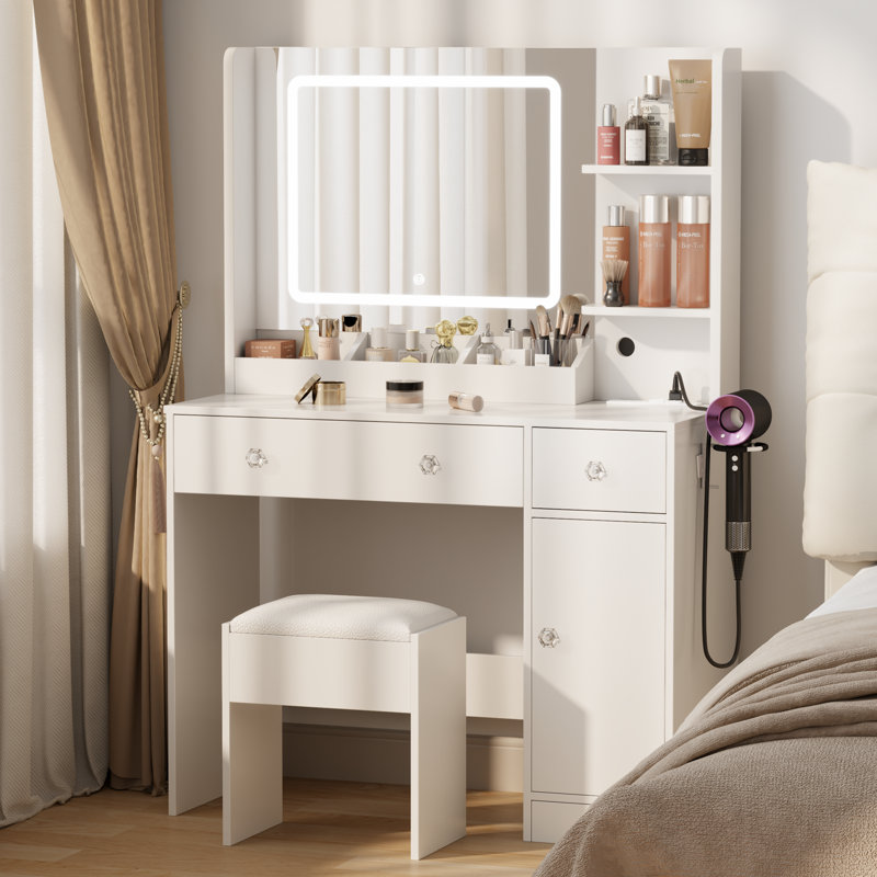 34" W Vanity Desk Set With Led Lighted Mirror & Power Outlet, Makeup Table Top with 3 Open Bookcases, 2 Drawers, Dresser Table for Bedroom, Checkroom