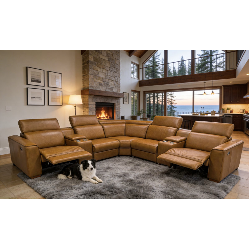 Canapé modulaire inclinable en cuir Brentkil, Cuir fleur de gingembre